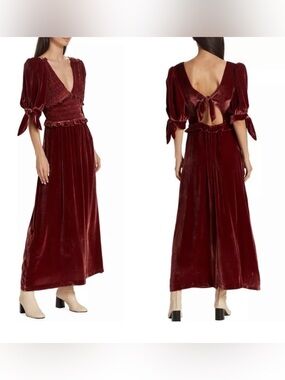 Sea New York Mayde Velvet Smocked Midi Dress M Rust Puff Sleeve Cutout NWT $395
